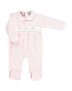 Mini-La-Mode Girls Stork Smocked Pink Babygrow