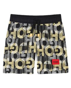 HUGO Boys Black Cotton Monogram Logo Shorts SS25