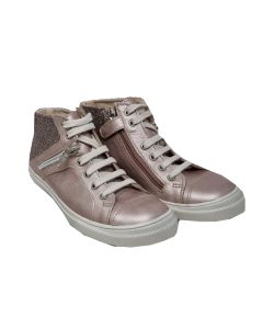 Achile Girls Lace Up Rose Pink Soft Leather Shoe With Sparkle Heel Effect And Side Zip
