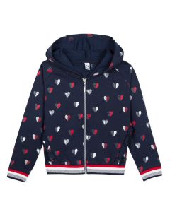 3Pommes Girls Navy Blue Heart Print Zip-Up Top