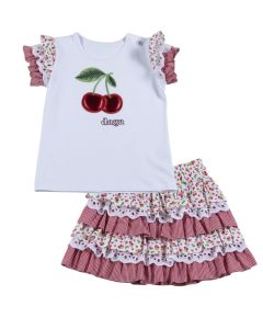 Daga Girls Fluffy Cherries White T-Shirt & Skirt Set SS25