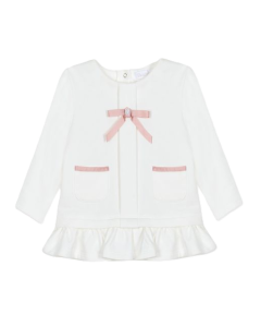 Patachou Girls Ivory Cotton Jersey Dress with Pink Grosgrain Bow WS25