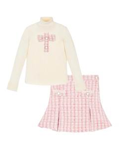 Patachou Girls Ivory Roll Neck Jumper & Pink Tweed Skirt Set WS25
