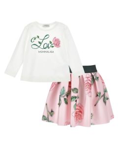 Monnalisa Girls Pink & Green Roses T-Shirt and Skirt Set
