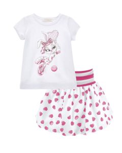 Monnalisa Girls SS25 White and Pink Lola Bunny T-Shirt and Skirt Set