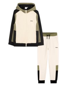 BOSS Boys Sand & Khaki Colourblock Cotton Jersey Tracksuit