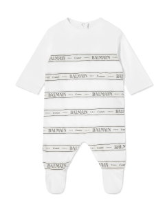 Balmain White Baby Striped Logo Babygrow WS25
