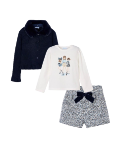 Mayoral Girls Sequinned T-Shirt, Navy Shorts And A Navy Fur Collar Cardigan WS25