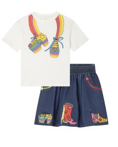 Stella McCartney Kids Girls White Cotton Colourful Shoe Print T-Shirt & Demin Skirt Set