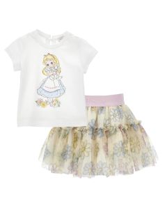 Monnalisa Alice White T-Shirt And Lemon Tulle Skirt SS25