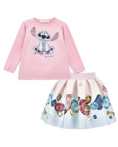 Monnalisa Girls Pink Stitch T-Shirt and Jewel Skirt