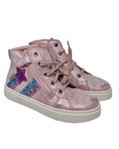 Richter Girls Pale Pink Leather High Top Trainers With Blue And Pink Stars