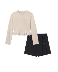 Mayoral Older Girls Cream Ruffle Hemmed Top And Black Skort WS25