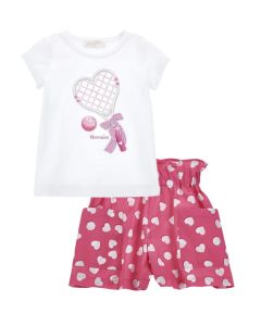 Monnalisa Girls White T-shirt and Pink & White Heart Shorts Set