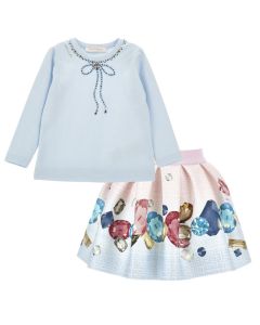 Monnalisa Girls Blue Jewel T-Shirt and Jewel Skirt