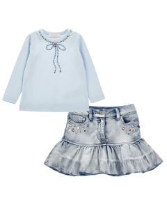 Monnalisa Girls Blue Jewel T-Shirt and Stitch Skirt Set