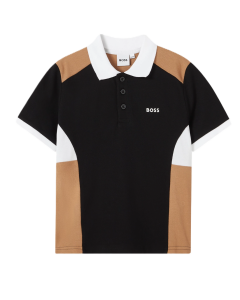 BOSS Boys Black & Beige Colourblock Cotton Polo Shirt WS25