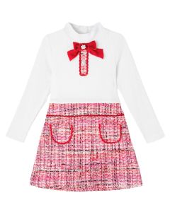 Patachou Girls Ivory Jersey &amp; Red Tweed Dress WS25