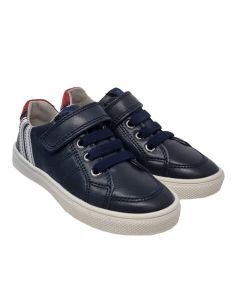 Richter Boys Navy Blue Leather Trainers With Red And White Detail On The Heel And Velcro Strap
