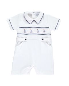 Mini-La-Mode White and Navy Sail Boat Smocked Shortie