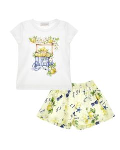 Monnalisa White T-Shirt & Lemon Pattern Shorts Set SS26