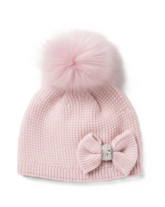Jamiks Girls Pink Knitted Hat with Bow & Faux Fur Pom-Pom WS25