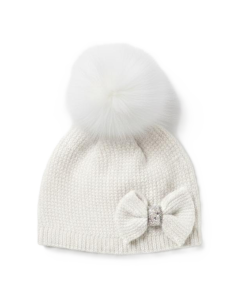 Jamiks Girls White Knitted Hat with Bow & Faux Fur Pom-Pom WS25