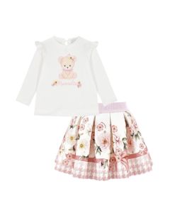 Monnalisa Baby Girls Teddy Bear Ivory and Pink T-Shirt and Skirt Set WS25