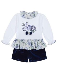 Deolinda Chic Ivory Flower Top And Blue Velvet Shorts WS24