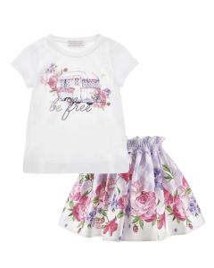 Monnalisa Girls White and Lilac Be Free T-Shirt and Skirt Set