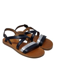 Pom D Api Girls Navy "Plagette Stamp" Open Sandals With Silver Detail