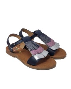 Shoo Pom Girls Navy "Happy Fringe" Sandals With Blue Silver And Pink Fringe Detail