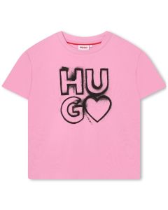 HUGO Girls Pink Cotton Heart Logo T-Shirt