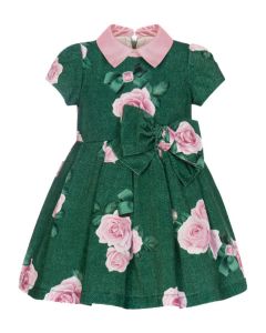 Balloon Chic Girls Green & Pink Cotton Roses Dress