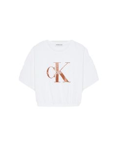 Calvin Klein Girls Ivory Boxy Waisted T-Shirt With Bronze Monogram Logo