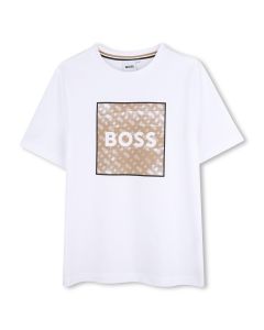 BOSS Boys White Cotton Monogram Logo T-Shirt WS25