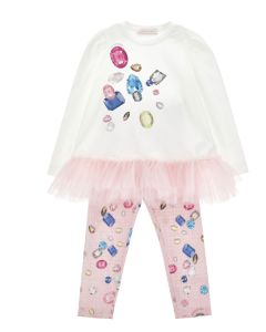 Monnalisa Girls Ivory & Pink Cotton Jewel Leggings Set
