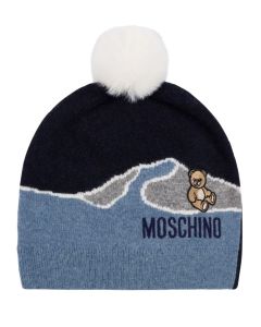 Moschino Blue Wool Knit Pom-Pom Hat