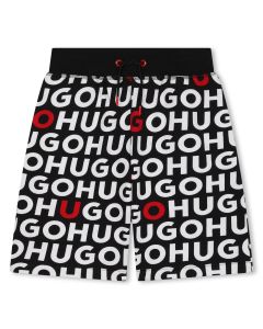 HUGO Boys Black All-Over Logo Cotton Shorts