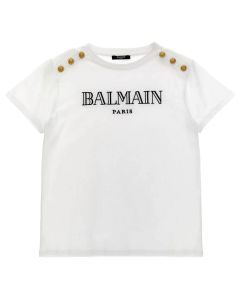 Balmain Girls White Embroidered Logo T-Shirt SS25