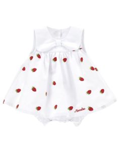 Monnalisa White and Red Strawberry Dress SS26