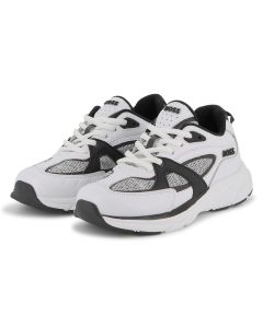 BOSS Boys White & Black Leather Lace-Up Trainers with Mesh Trim