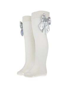 Daga White Long Socks With Silver Bow