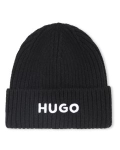 HUGO Boys Black Cotton Knit Beanie Hat AW25