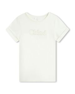 Chloé Girls SS24 White Cotton Gold Logo T-Shirt