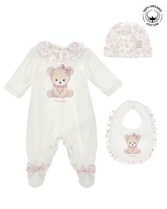 Monnalisa Cotton Ivory and Pink Teddy Bear Three-Piece Set WS25