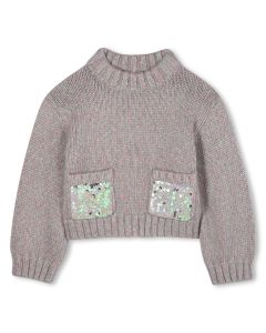 Billieblush Girls Grey Chunky Knit Sweater with Sequinned Pockets WS25