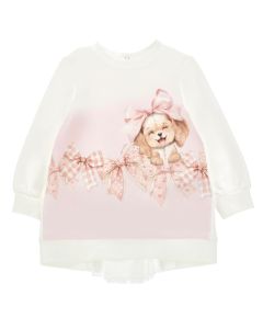 Monnalisa Girls Pink & White Cotton Puppy Sweatshirt Dress WS25