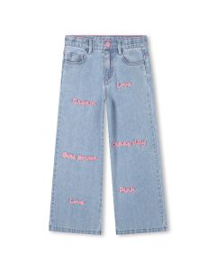 Billieblush Girls Blue Denim Wide-Leg Pink Slogan Jeans