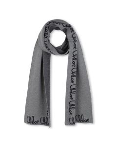 Chloé Girls Grey Knitted Scarf with Navy Blue Chloé Logo WS25